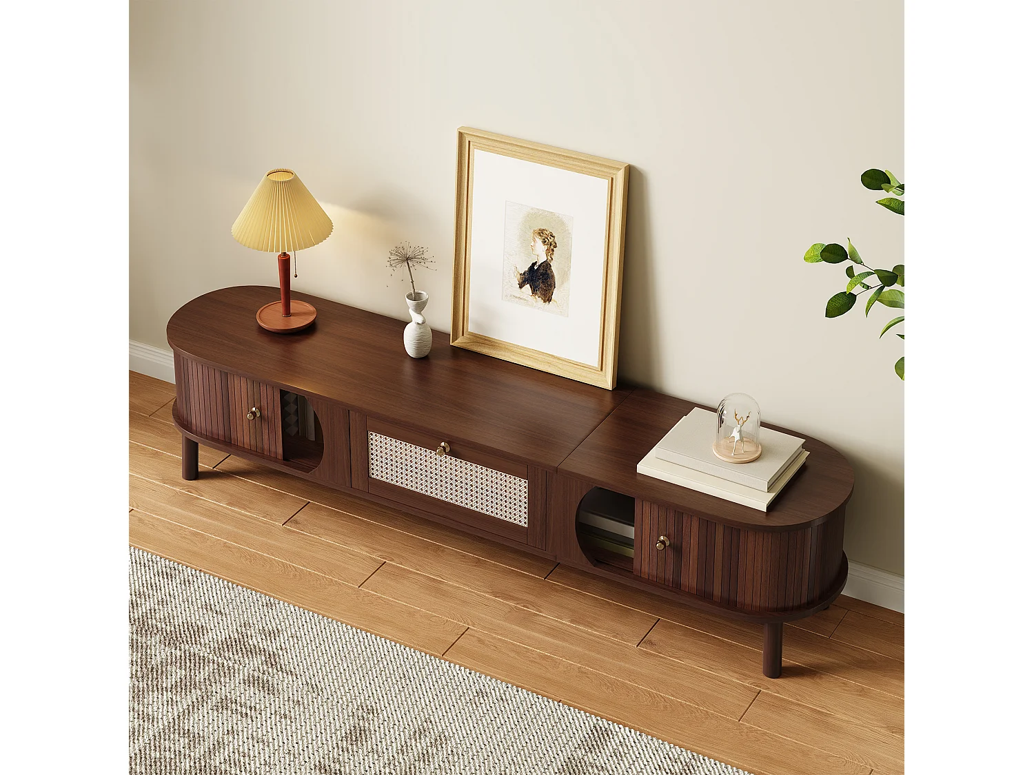 Vintage tv-meubel van walnoothout met 2 deuren van natuurlijk hout en 1 lade van rotan, 170 x 39,5 x 38 cm