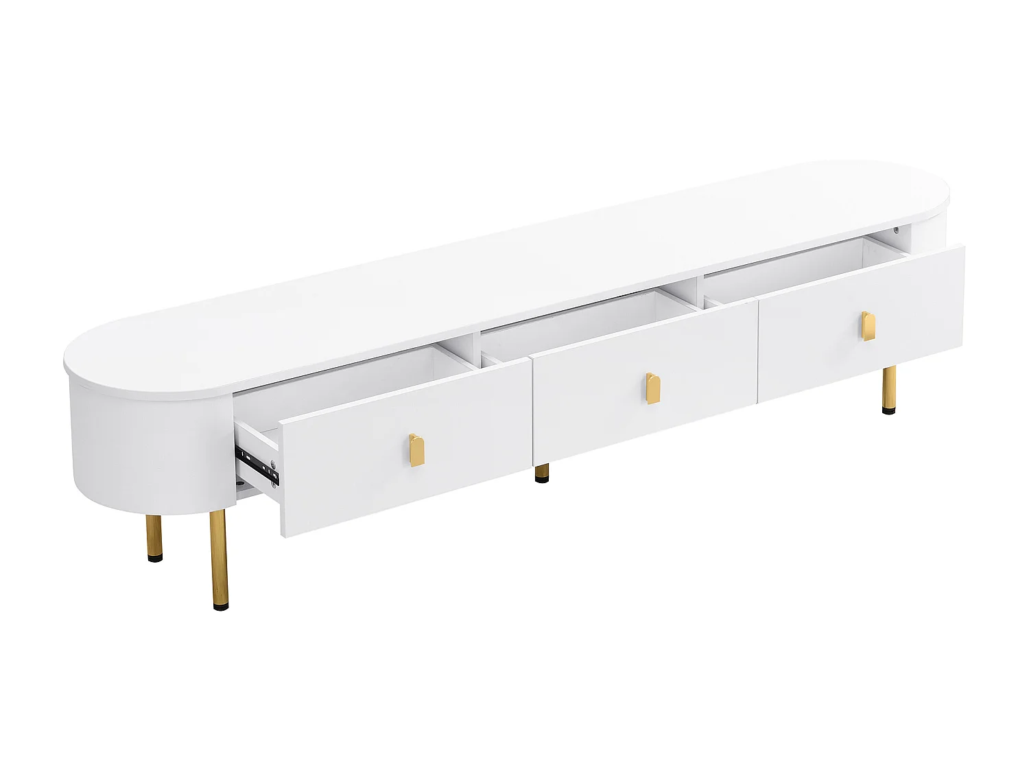 Mobile TV basso con cassetti, maniglie e gambe dorate, angoli arrotondati, 174 x 35 x 41 cm, bianco