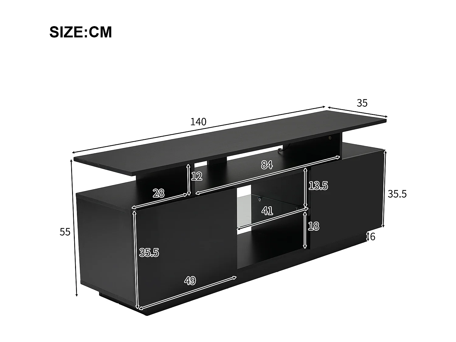 Mueble TV negro de 140 cm, iluminación LED de 16 colores, puertas lacadas con paneles de cristal, espacio para TV de hasta 60"