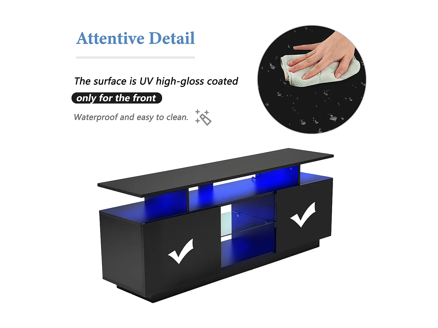 Mueble TV negro de 140 cm, iluminación LED de 16 colores, puertas lacadas con paneles de cristal, espacio para TV de hasta 60"