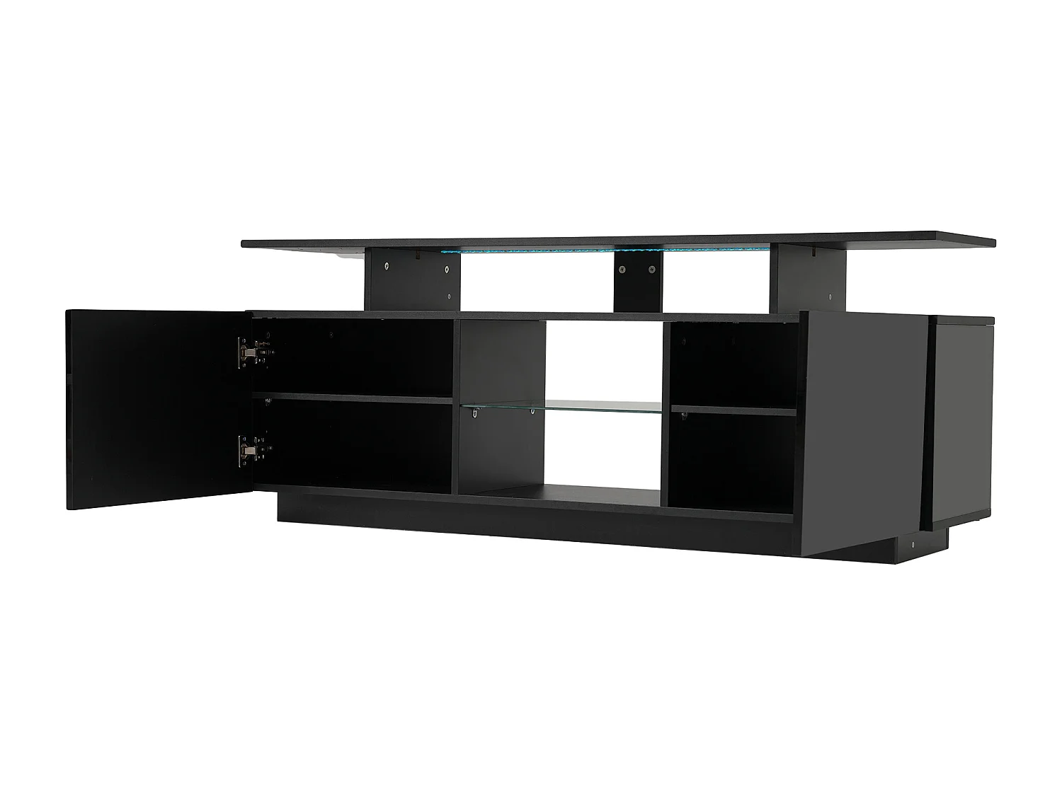 Mueble TV negro de 140 cm, iluminación LED de 16 colores, puertas lacadas con paneles de cristal, espacio para TV de hasta 60"