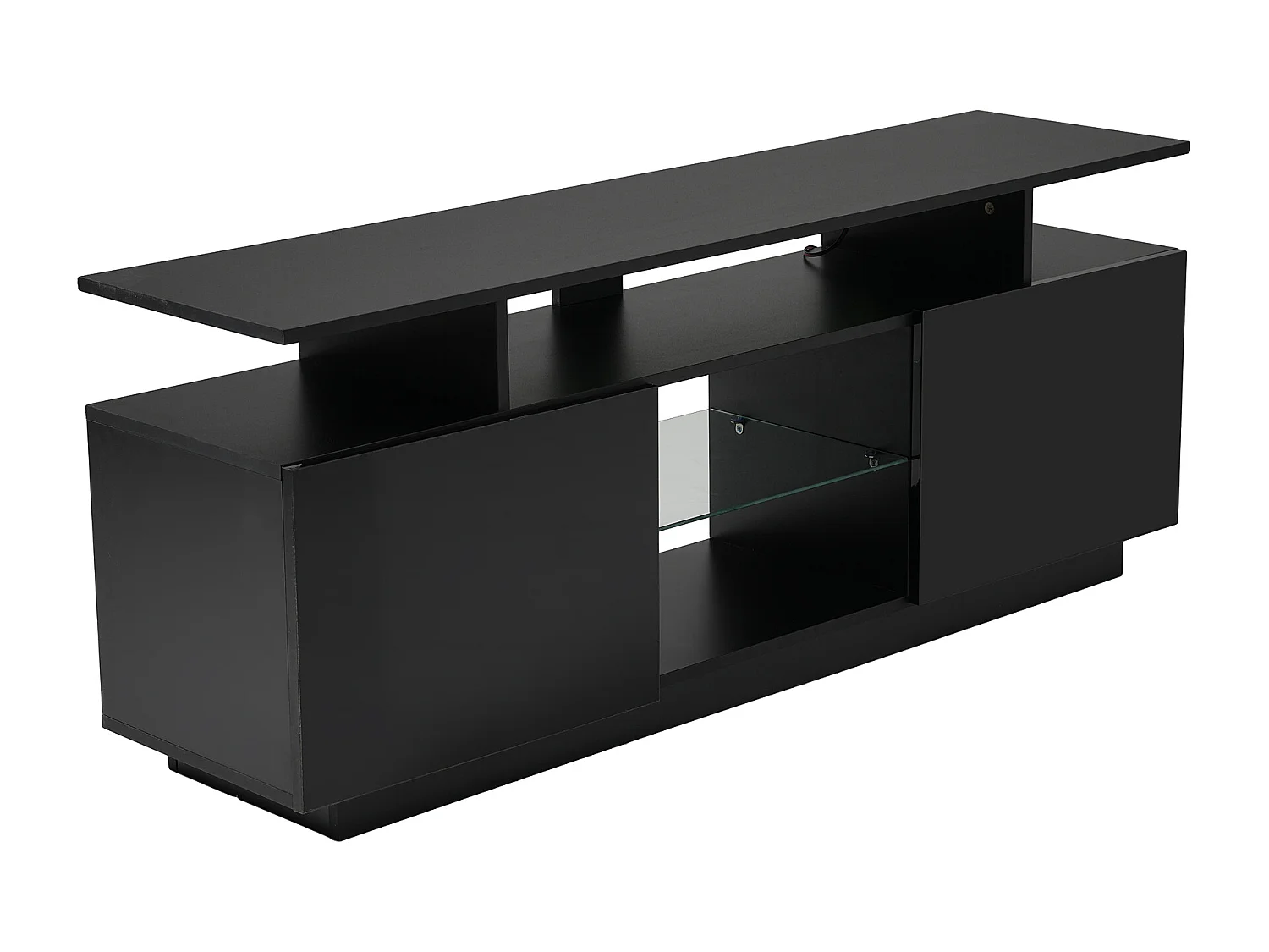 Mueble TV negro de 140 cm, iluminación LED de 16 colores, puertas lacadas con paneles de cristal, espacio para TV de hasta 60"