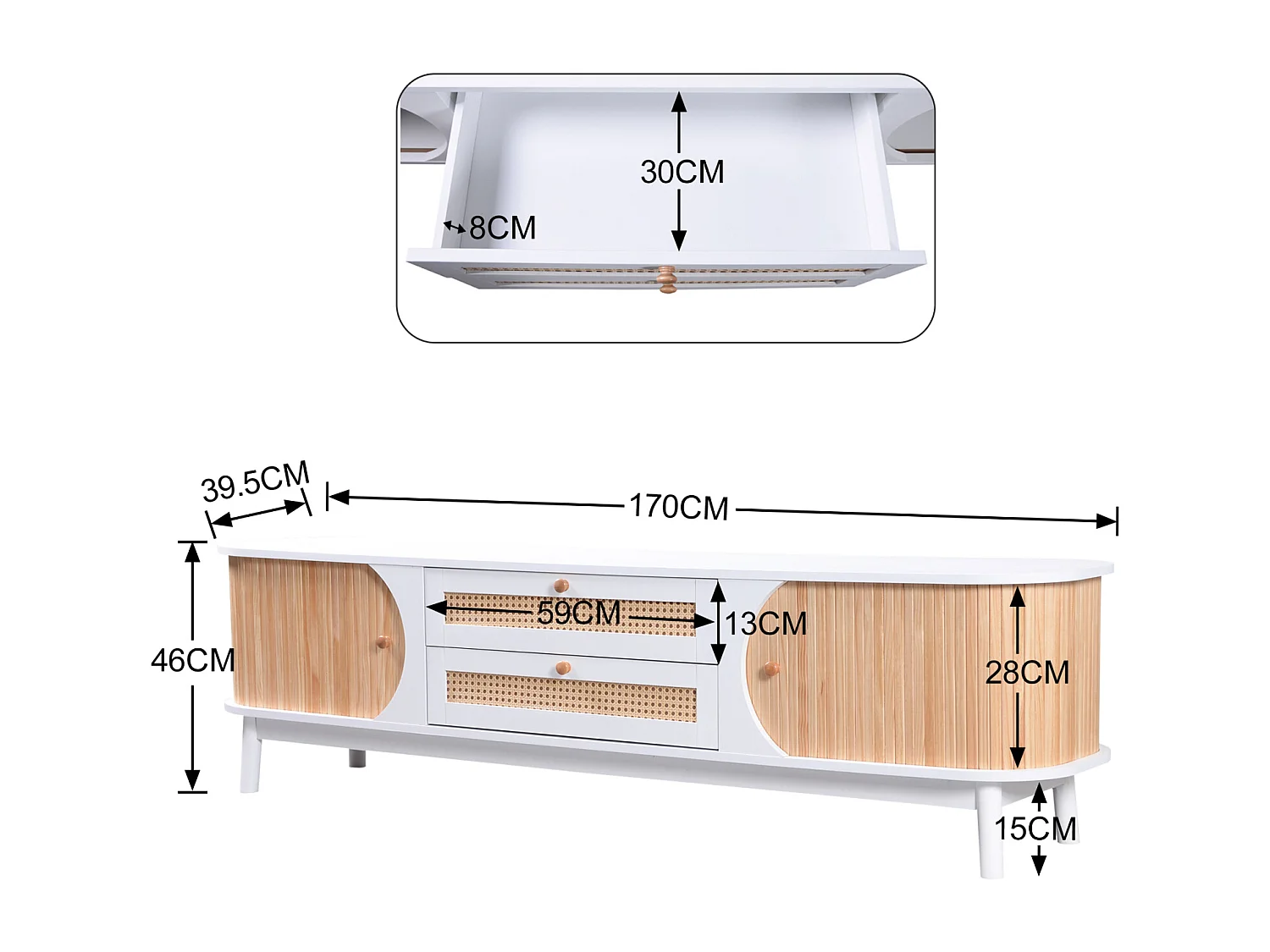 Witte rotan tv-meubel, ladekast met twee deuren en twee lades, wit en hout patchwork