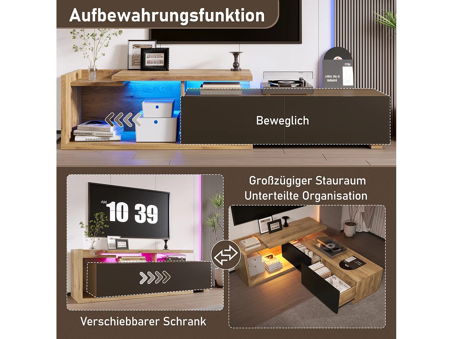 Mueble de TV modular con módulo móvil y LED – Diseño 2 en 1 extensible hasta 2 m, para salón, color negro