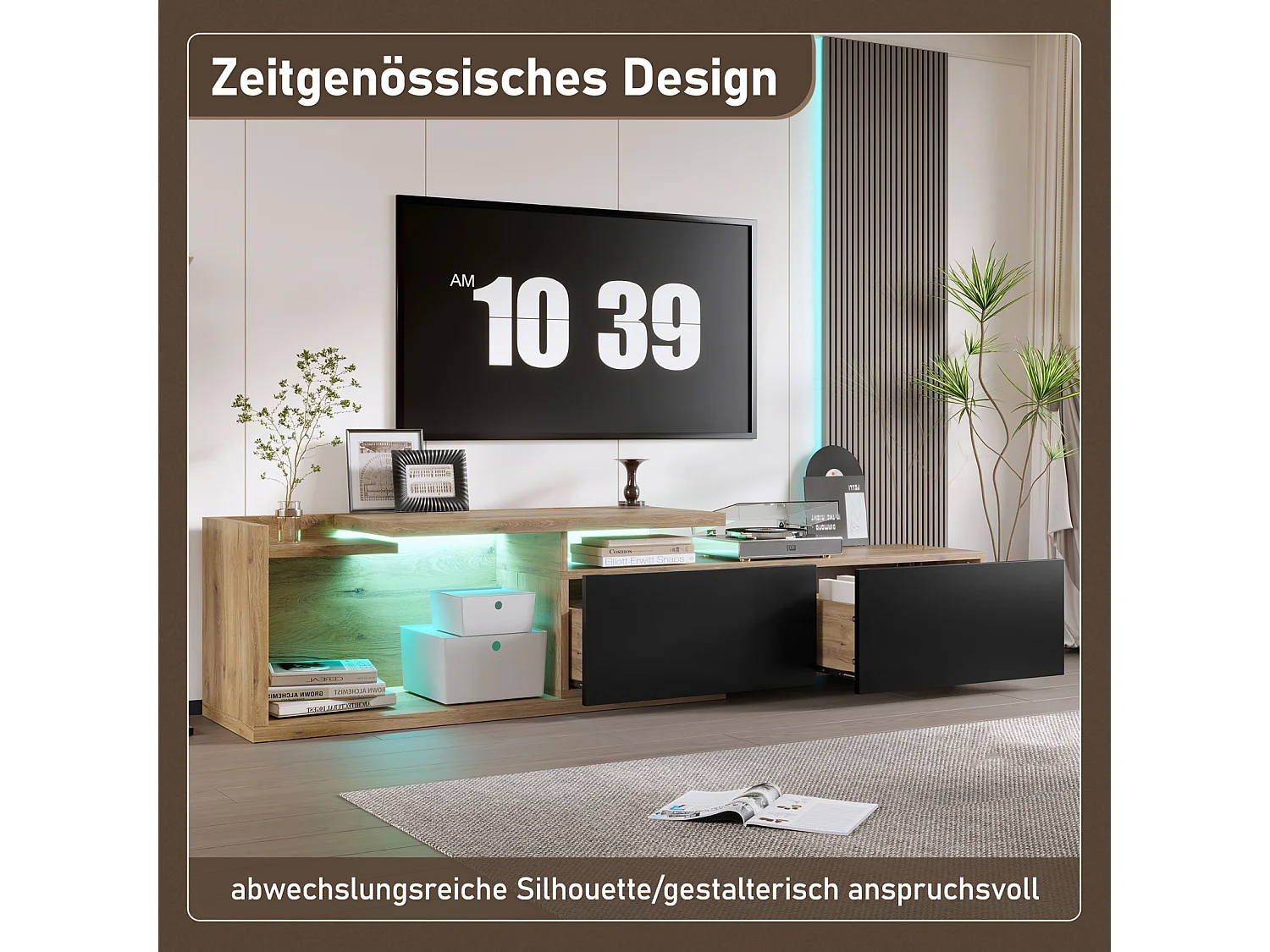 Mueble de TV modular con módulo móvil y LED – Diseño 2 en 1 extensible hasta 2 m, para salón, color negro