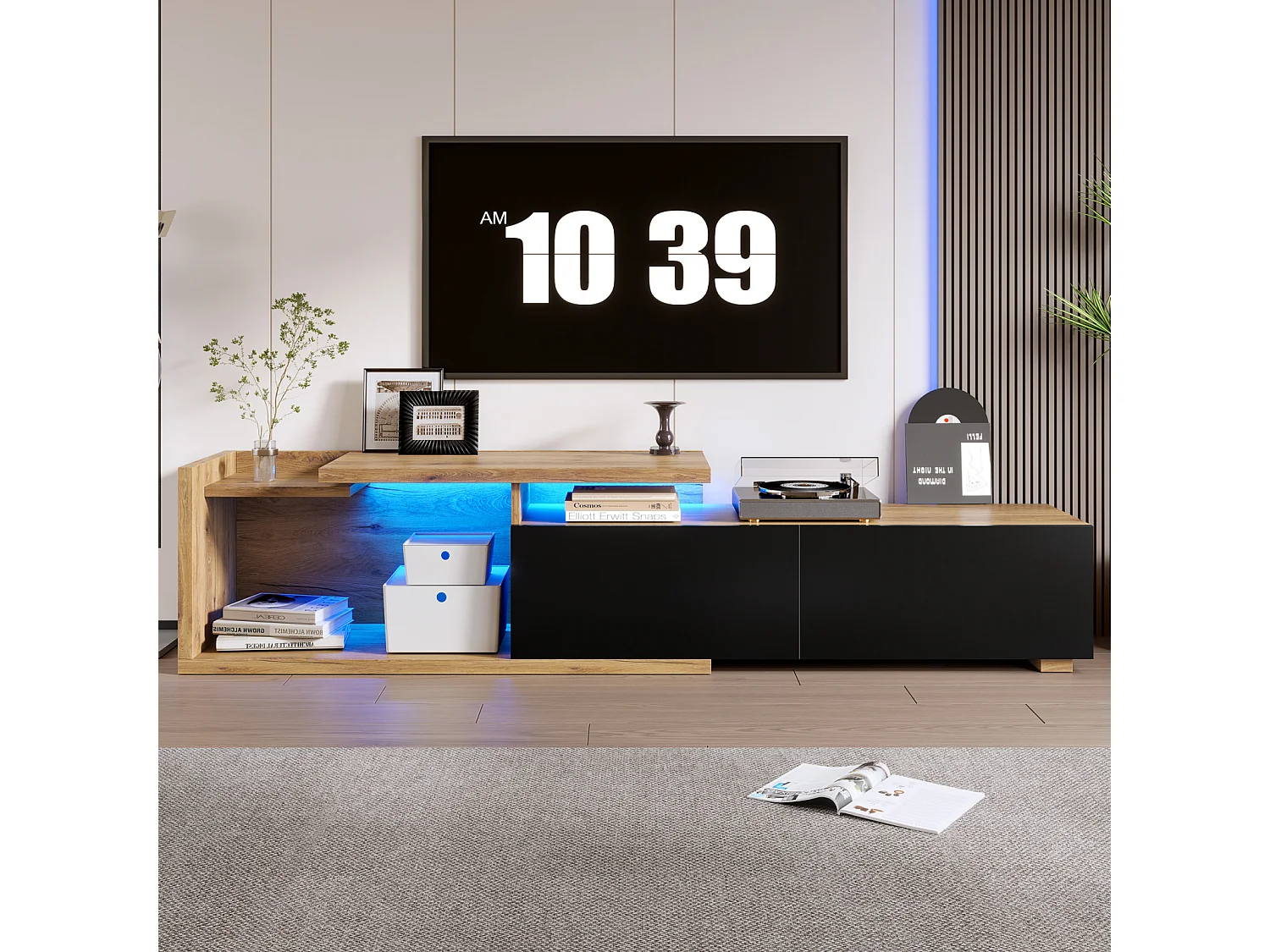 Meuble TV modulaire avec module mobile & LED – Design 2-en-1 extensible jusqu’à 2 m, pour salon,noir