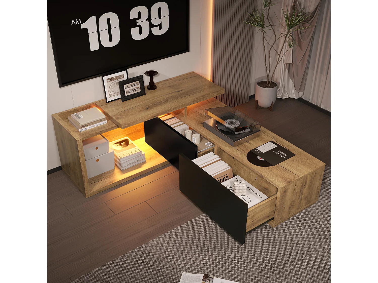 Meuble TV modulaire avec module mobile & LED – Design 2-en-1 extensible jusqu’à 2 m, pour salon,noir