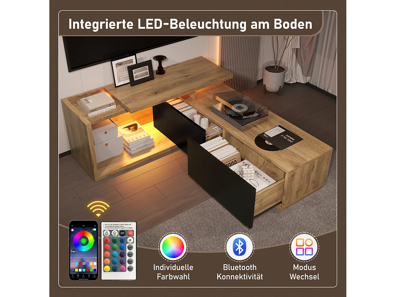 Meuble TV modulaire avec module mobile & LED – Design 2-en-1 extensible jusqu’à 2 m, pour salon,noir