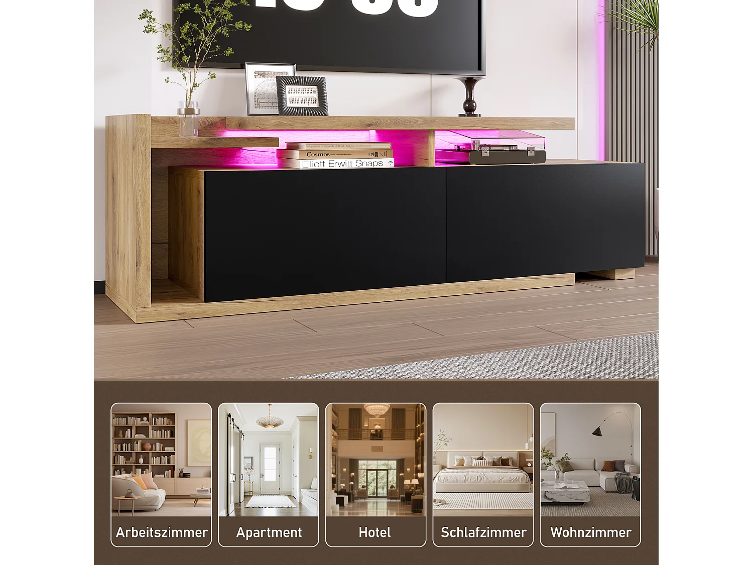 Meuble TV modulaire avec module mobile & LED – Design 2-en-1 extensible jusqu’à 2 m, pour salon,noir