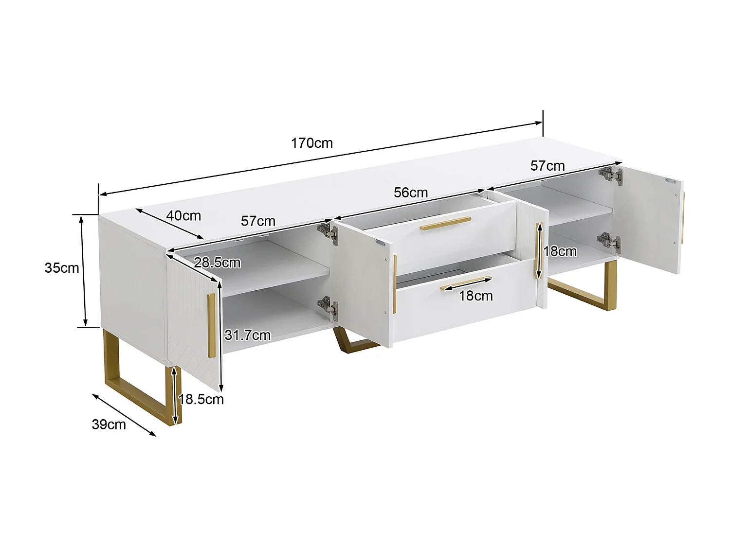 Mueble de TV con base, tiradores dorados, mueble bajo para salón con puertas esculpidas y estructuradas, color blanco