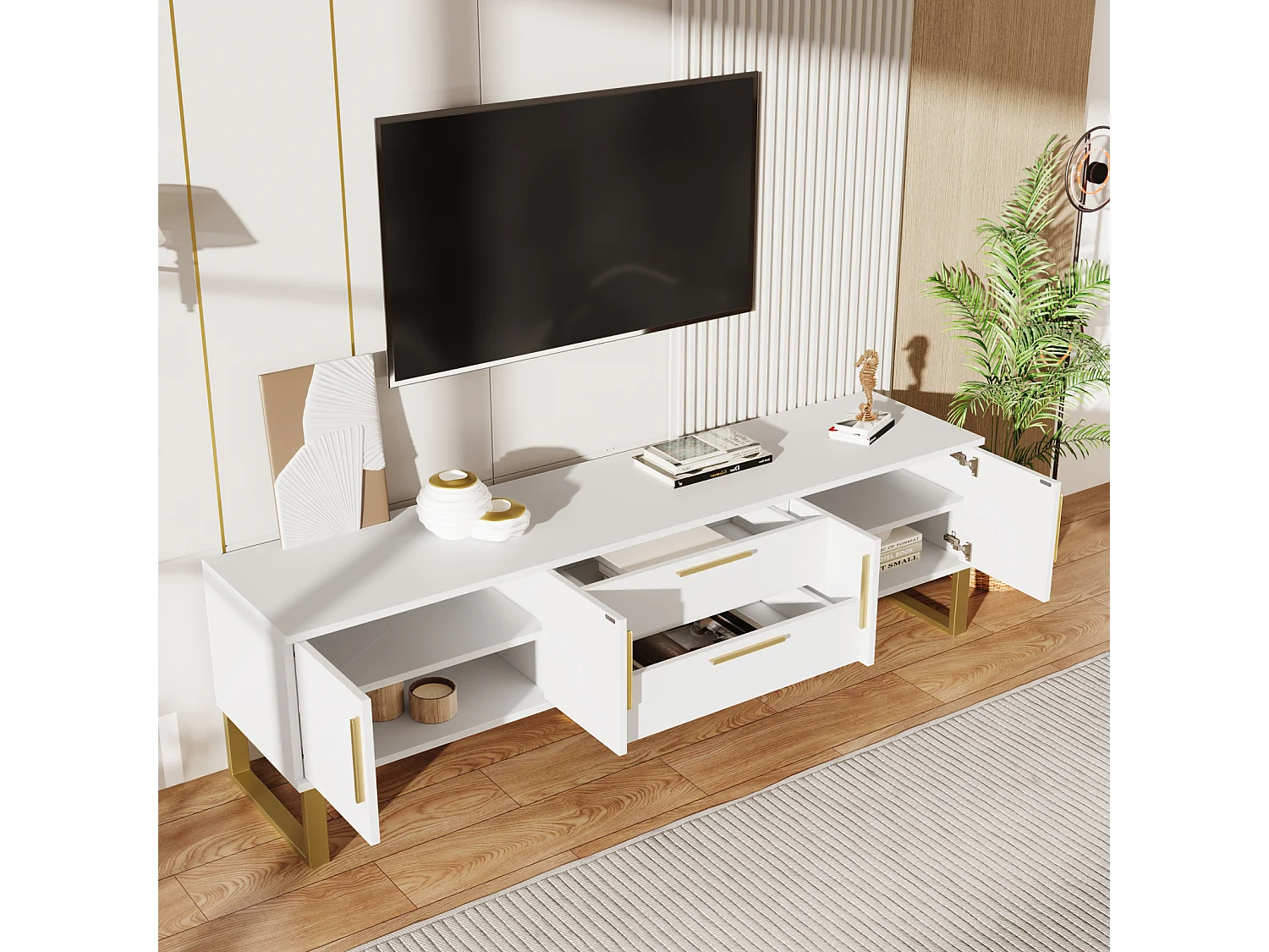 Mueble de TV con base, tiradores dorados, mueble bajo para salón con puertas esculpidas y estructuradas, color blanco