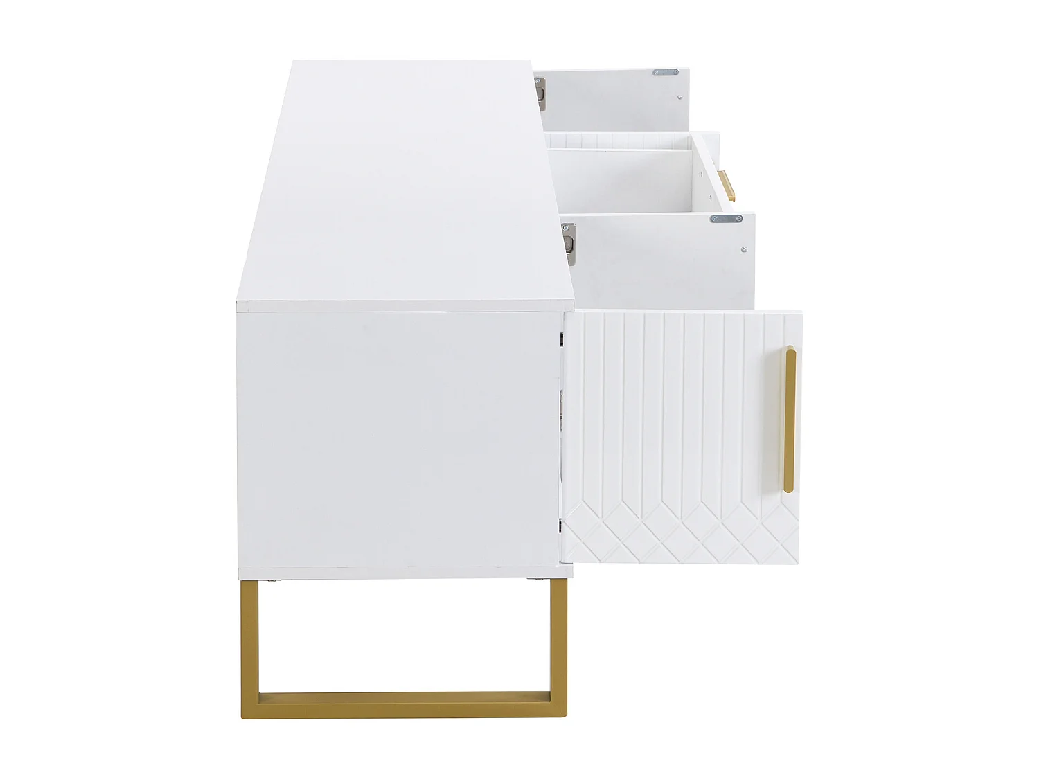 Mueble de TV con base, tiradores dorados, mueble bajo para salón con puertas esculpidas y estructuradas, color blanco