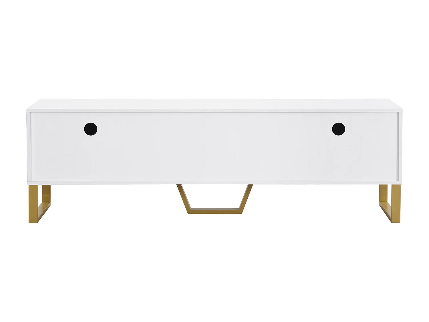 Mueble de TV con base, tiradores dorados, mueble bajo para salón con puertas esculpidas y estructuradas, color blanco