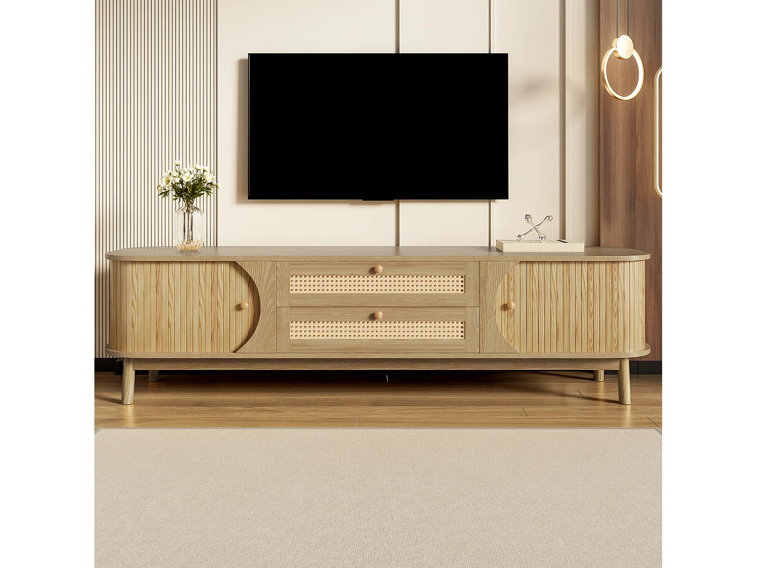 Lage tv-standaard van natuurlijk hout met rotandeuren, lades en zijkanten, rustieke stijl, voor de woonkamer