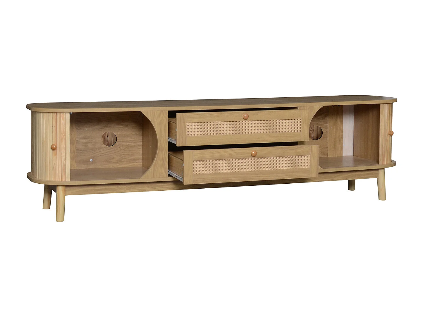 Lage tv-standaard van natuurlijk hout met rotandeuren, lades en zijkanten, rustieke stijl, voor de woonkamer