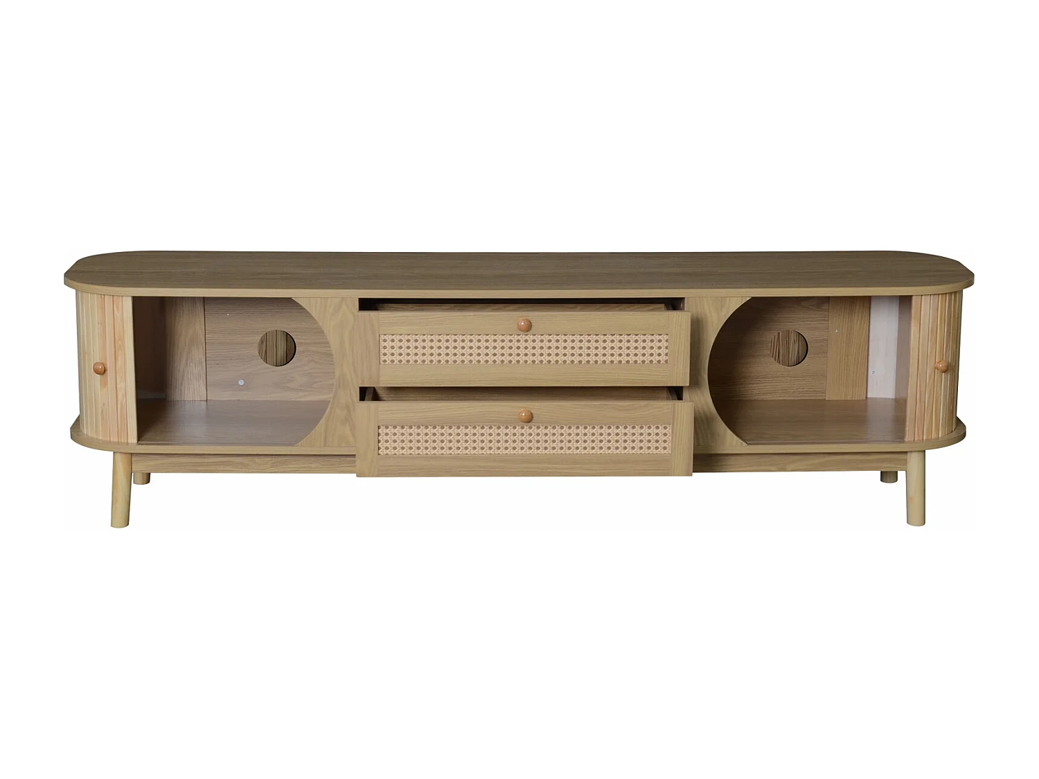 Lage tv-standaard van natuurlijk hout met rotandeuren, lades en zijkanten, rustieke stijl, voor de woonkamer