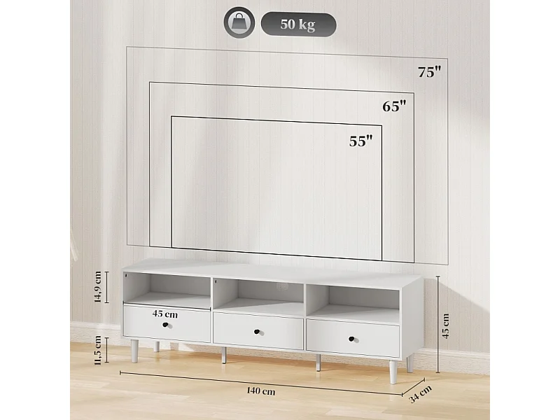 Lage tv-kast 140 cm wit, 3 lades en 3 open planken, geschikt voor tv's tot 75", woonkamer