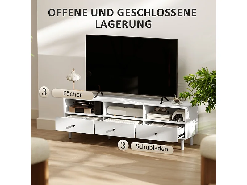 Lage tv-kast 140 cm wit, 3 lades en 3 open planken, geschikt voor tv's tot 75", woonkamer