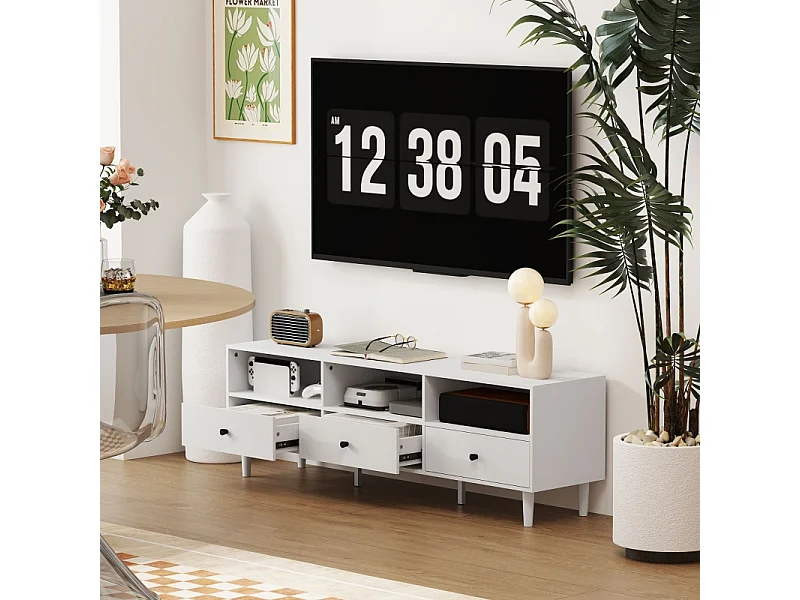 Lage tv-kast 140 cm wit, 3 lades en 3 open planken, geschikt voor tv's tot 75", woonkamer