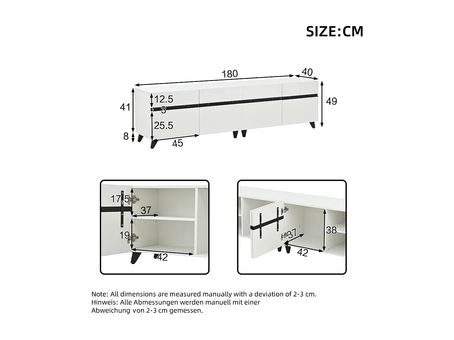Lage tv-kast 180 × 40 × 49 cm, 4 kasten met verstelbare tussenschotten, lowboard voor tv's tot 80"