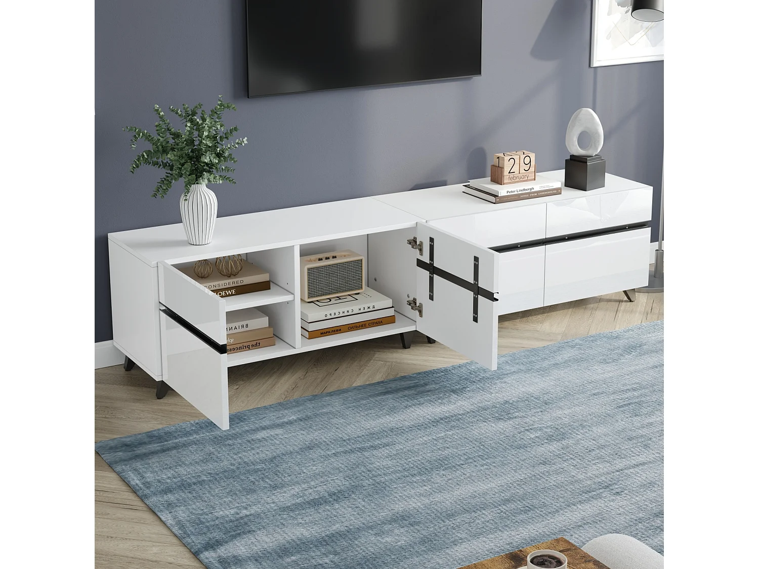 Lage tv-kast 180 × 40 × 49 cm, 4 kasten met verstelbare tussenschotten, lowboard voor tv's tot 80"