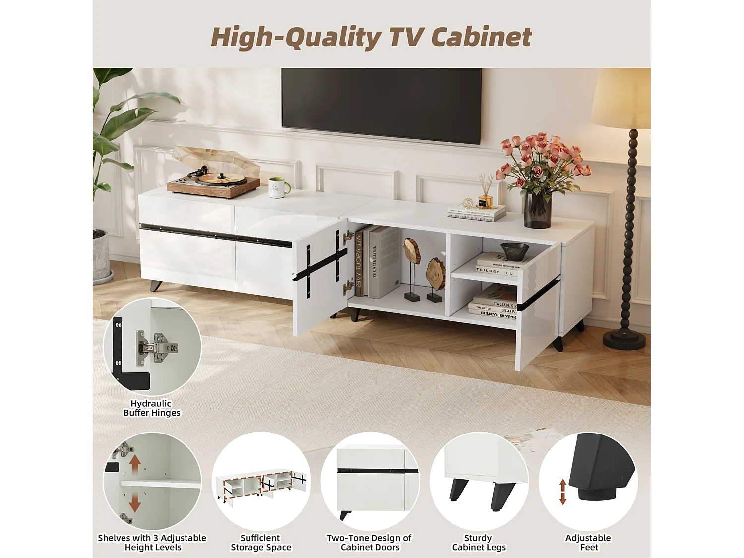 Lage tv-kast 180 × 40 × 49 cm, 4 kasten met verstelbare tussenschotten, lowboard voor tv's tot 80"