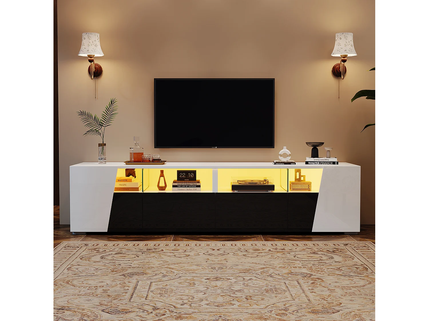 Meuble TV bas 180 × 38,5 × 45 cm blanc/noir laqué, LED, 2 portes, 2 tiroirs, niches ouvertes, salon