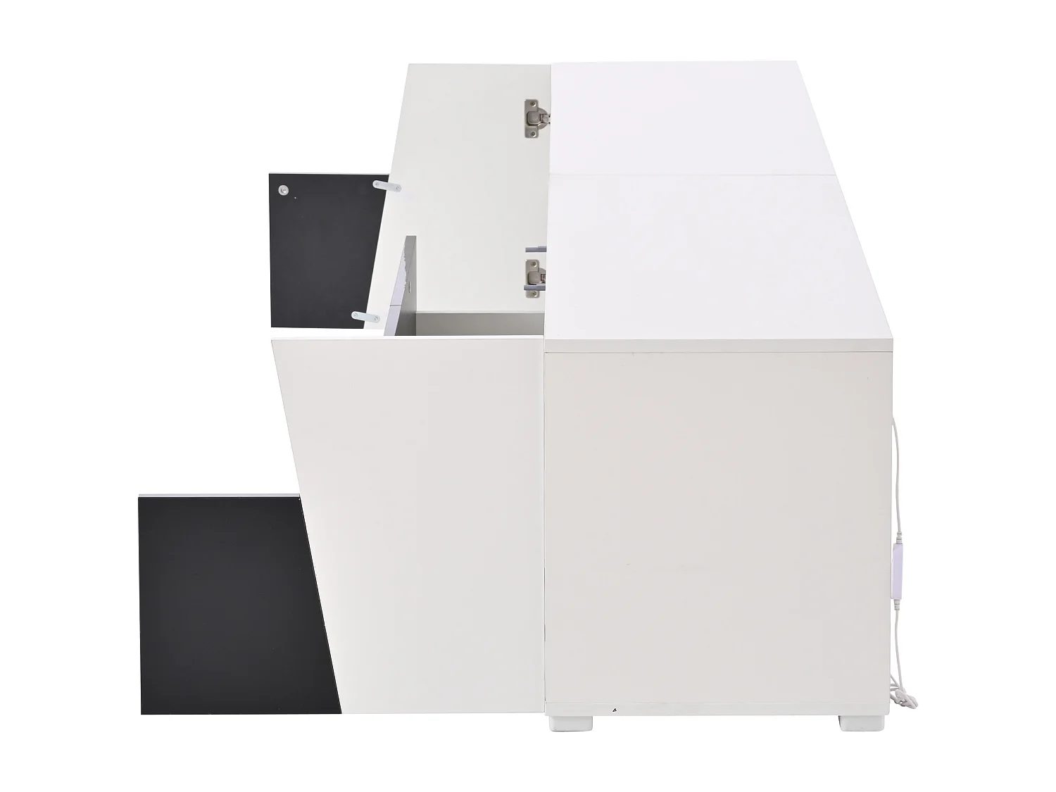 Meuble TV bas 180 × 38,5 × 45 cm blanc/noir laqué, LED, 2 portes, 2 tiroirs, niches ouvertes, salon