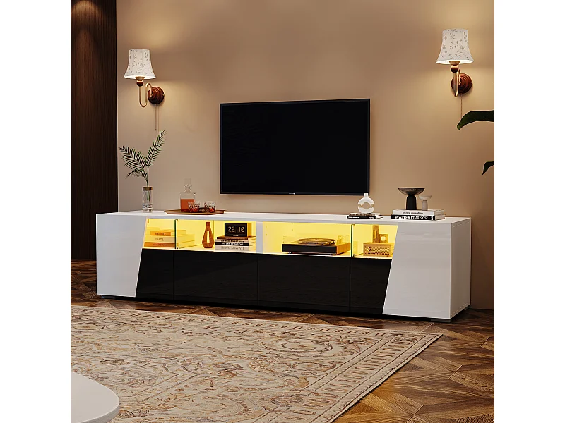 Meuble TV bas 180 × 38,5 × 45 cm blanc/noir laqué, LED, 2 portes, 2 tiroirs, niches ouvertes, salon