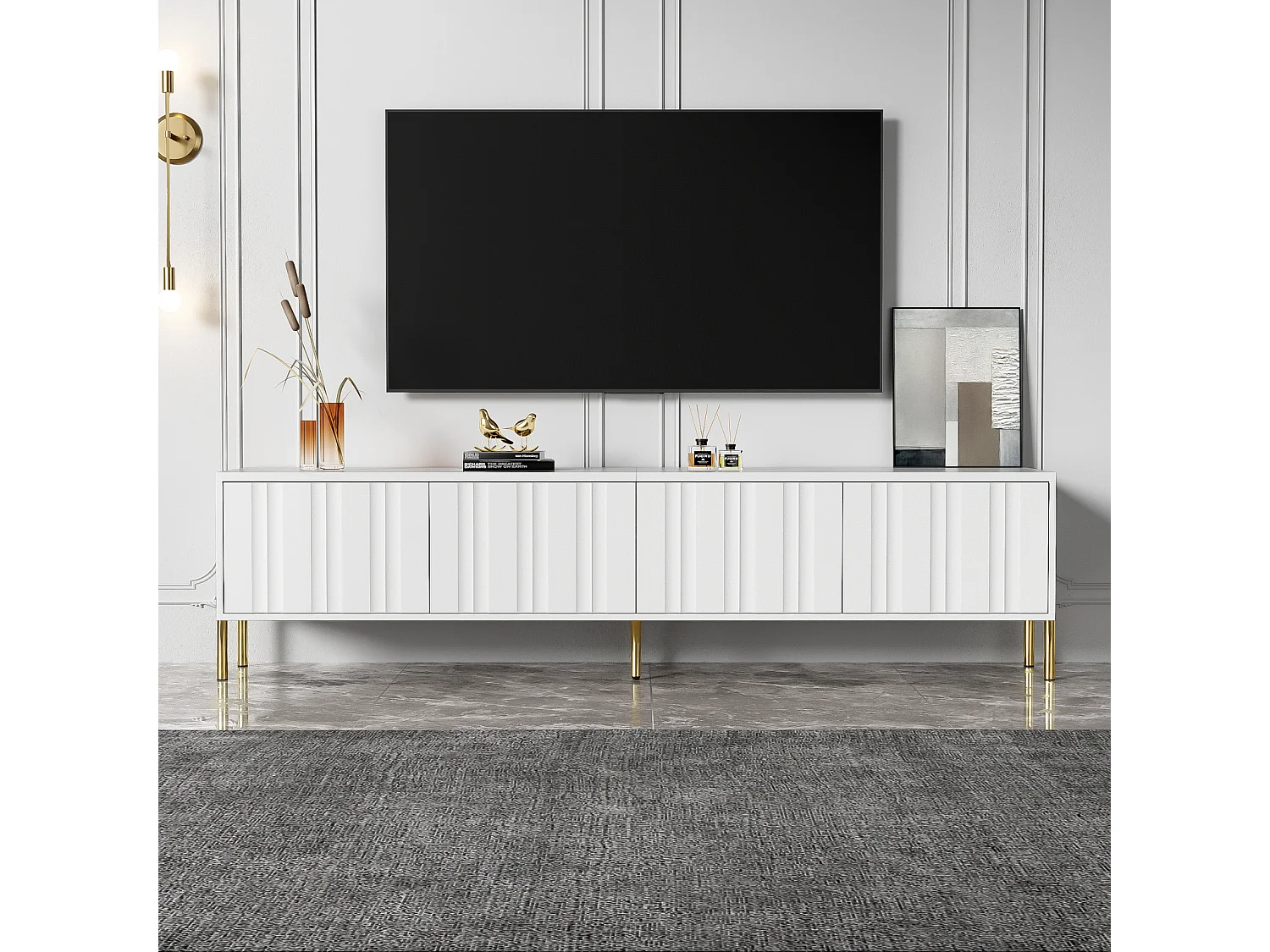 Mobile porta TV bianco 190 × 38 × 48 cm – Gambe dorate, ante scanalate, design moderno per soggiorno