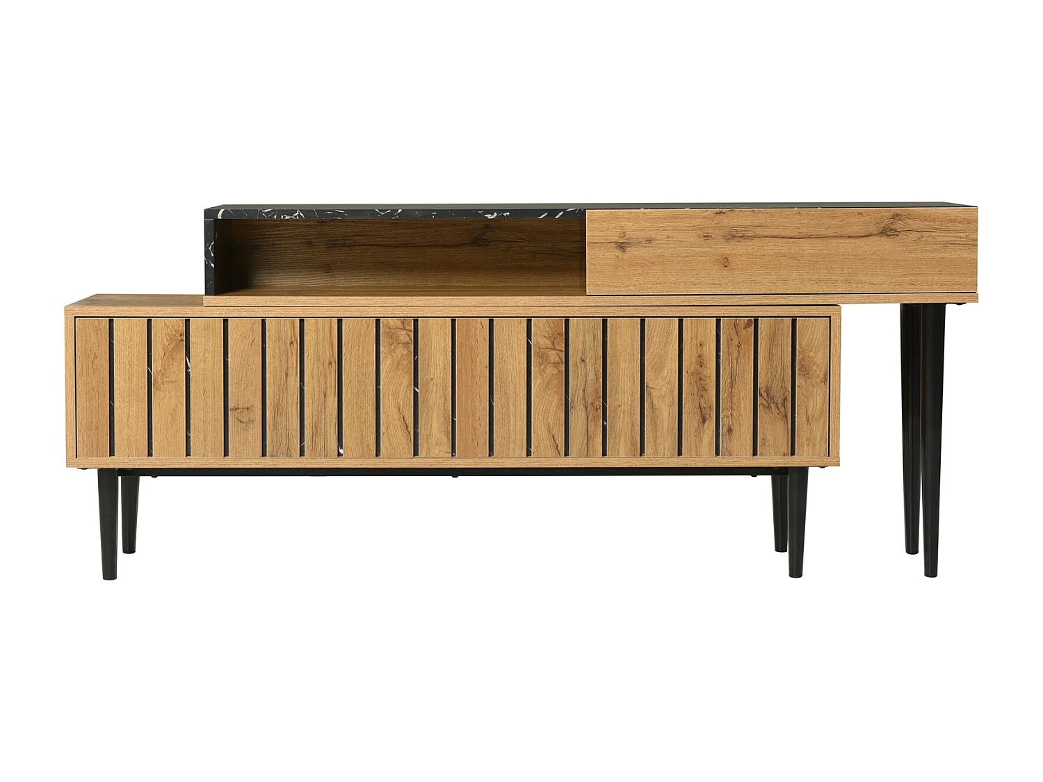 Support TV avec design en marbre et grain de bois, pieds en fer, 180 x 36,5 x 58 cm, bois foncé