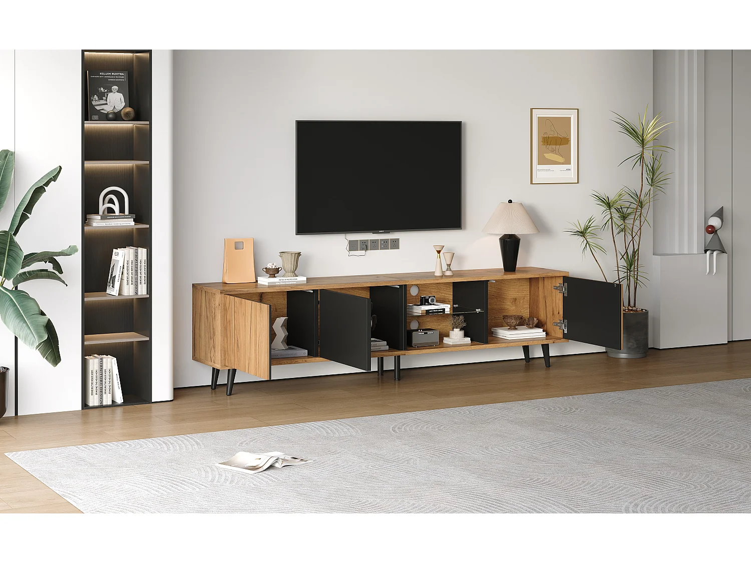 Móvel baixo para TV, 175×31,5×45 cm, 3 armários, madeira natural e preto, para TVs de até 75 polegadas, sala de estar.