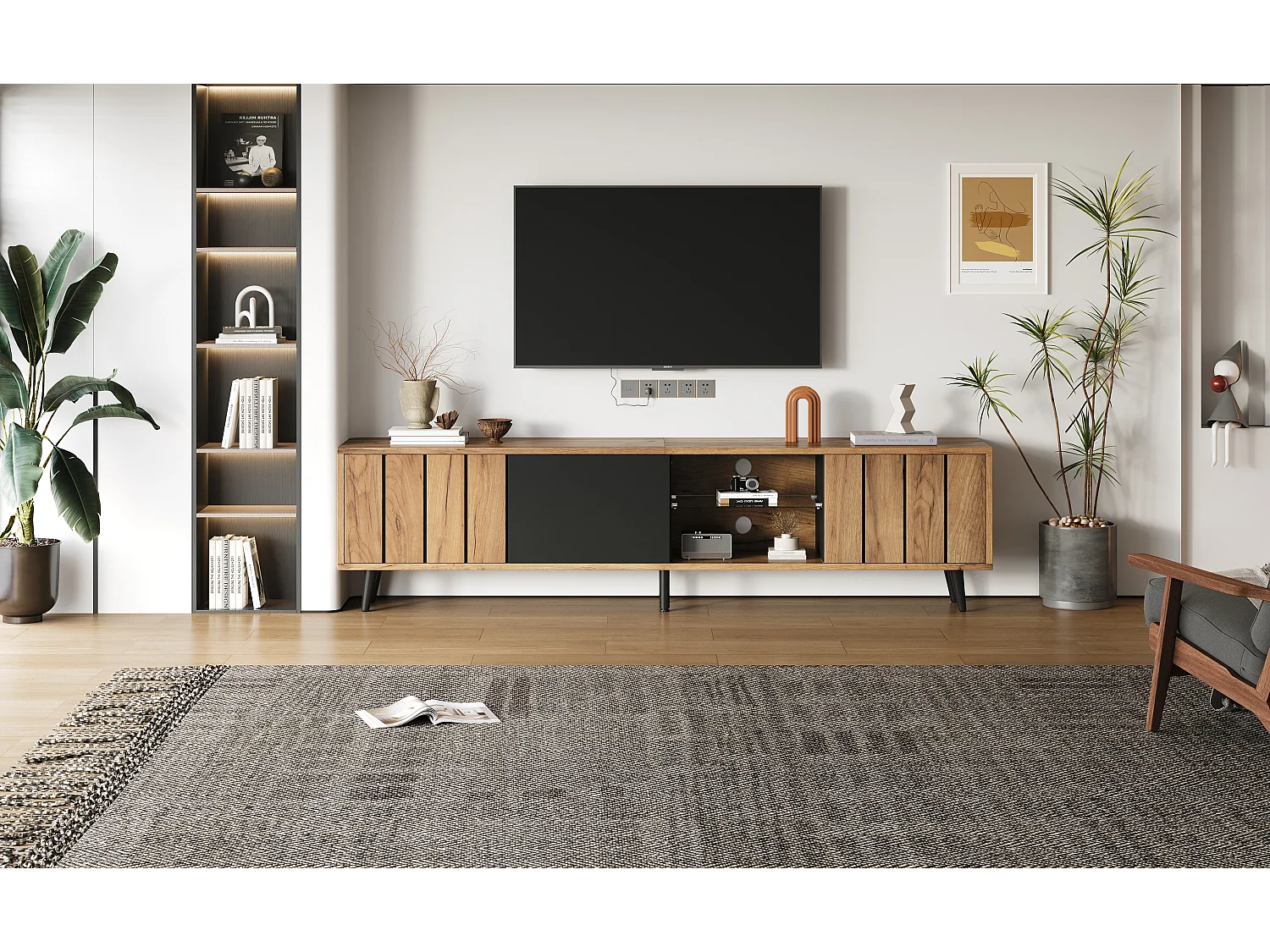 Móvel baixo para TV, 175×31,5×45 cm, 3 armários, madeira natural e preto, para TVs de até 75 polegadas, sala de estar.