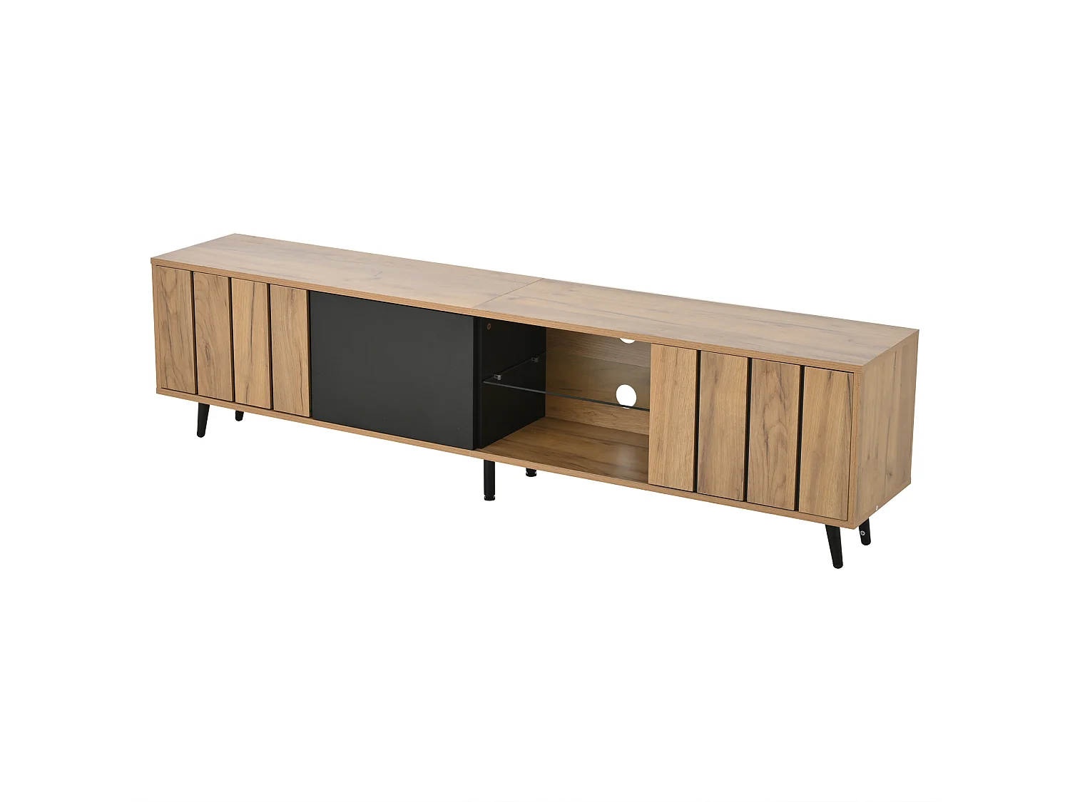 Móvel baixo para TV, 175×31,5×45 cm, 3 armários, madeira natural e preto, para TVs de até 75 polegadas, sala de estar.