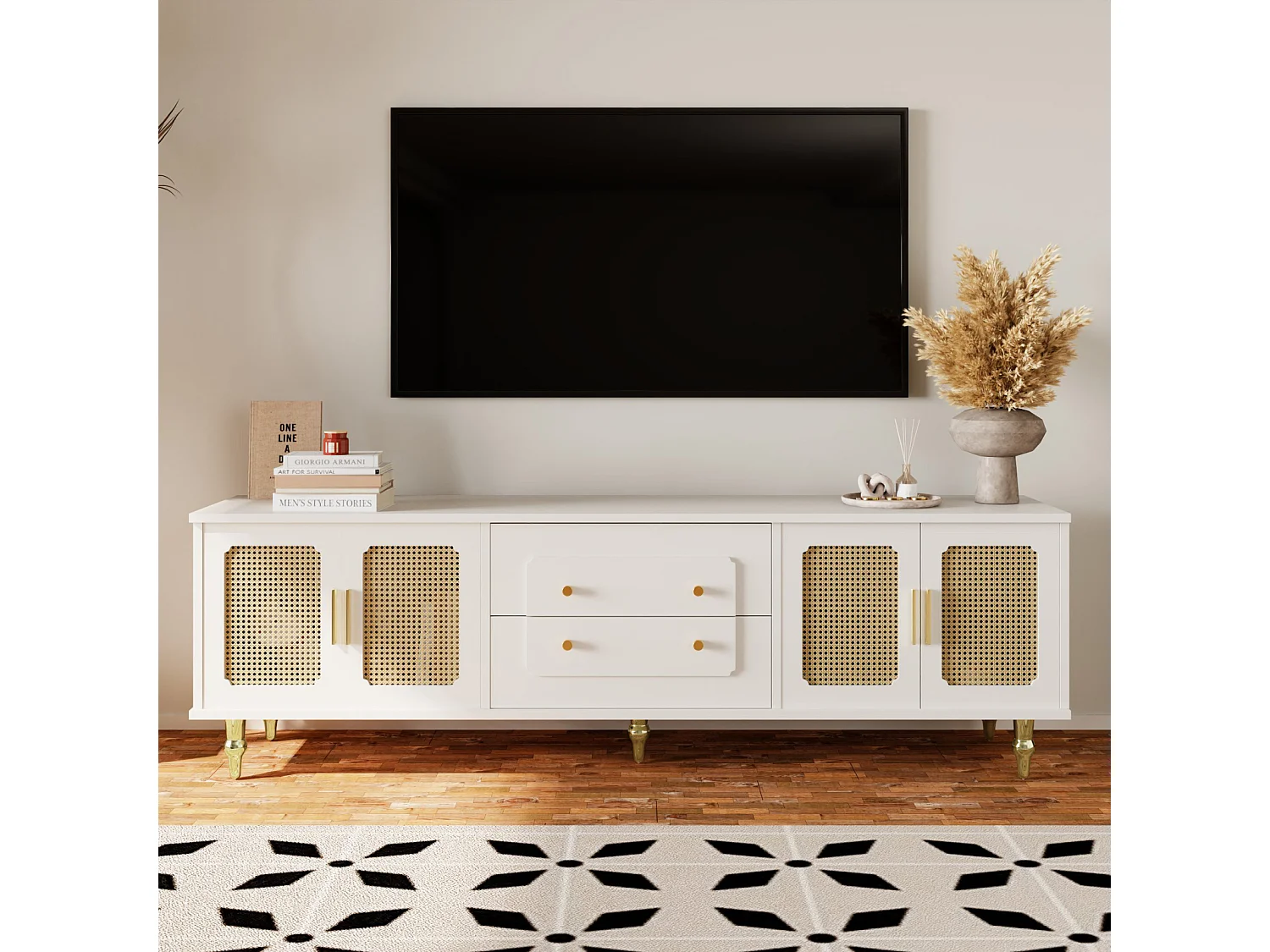 Meuble TV lowboard style rétro, poignées dorées, porte en rotin et pieds métal, pour salon, Blanc
