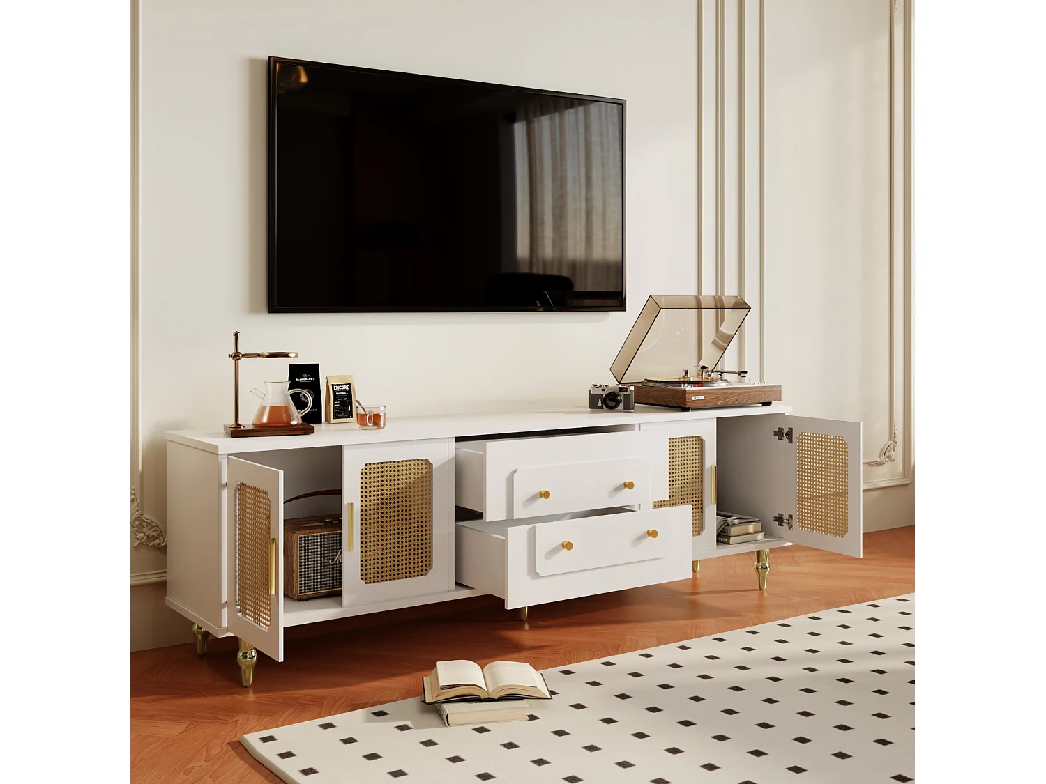 Meuble TV lowboard style rétro, poignées dorées, porte en rotin et pieds métal, pour salon, Blanc