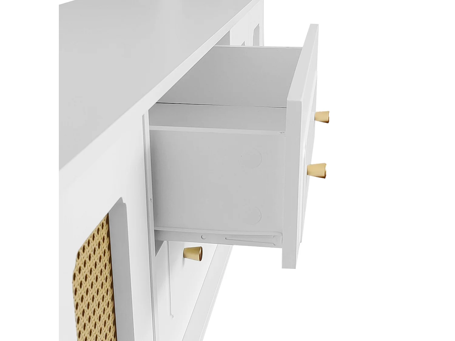 Meuble TV lowboard style rétro, poignées dorées, porte en rotin et pieds métal, pour salon, Blanc