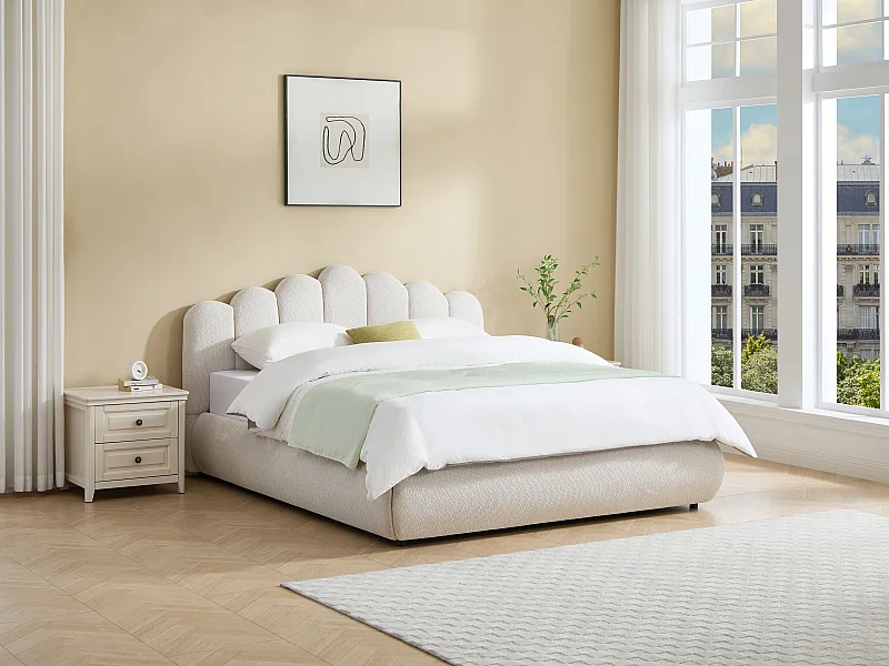 Lit coffre 140 x 190 cm – Tissu texturé – Beige – SILVATORA