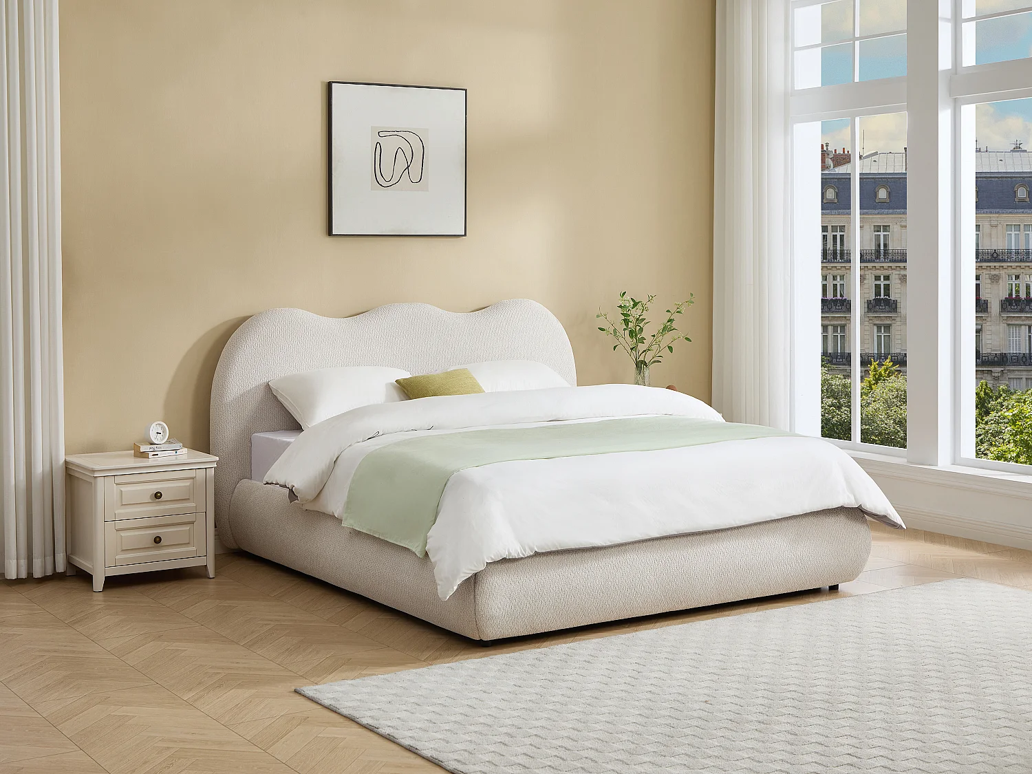 Lit coffre 140 x 190 cm – Tissu texturé – Beige – OBALESA