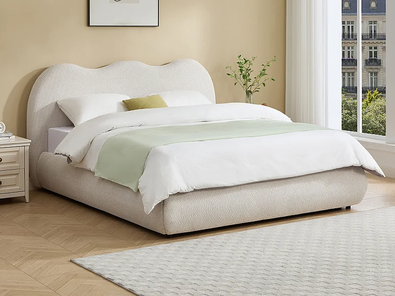 Lit coffre 140 x 190 cm – Tissu texturé – Beige – OBALESA