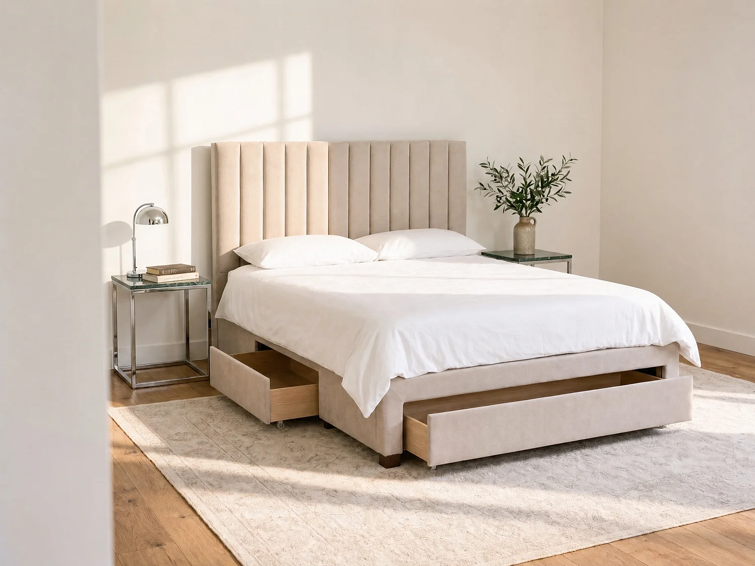 Lit avec 3 tiroirs 180 x 200 cm - Tissu - Beige + Matelas - LIAKO