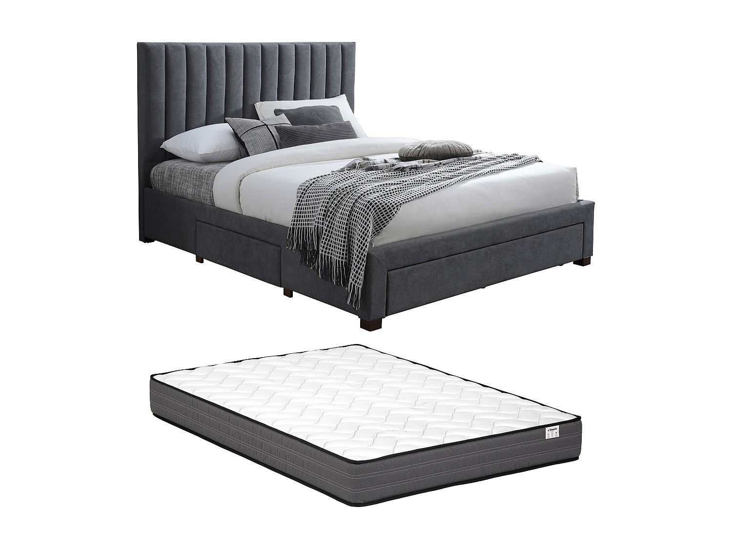 Bett mit 3 Schubladen 180 x 200 cm - Stoff - Grau + Matratze - LIAKO günstig online kaufen