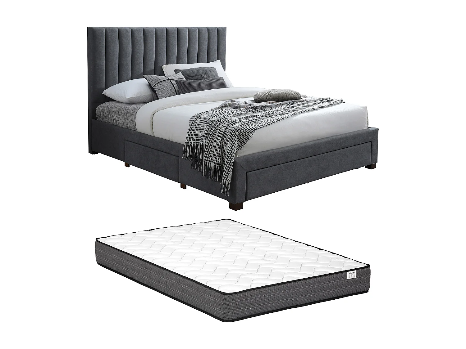 Lit avec 3 tiroirs 180 x 200 cm - Tissu - Gris + Matelas - LIAKO