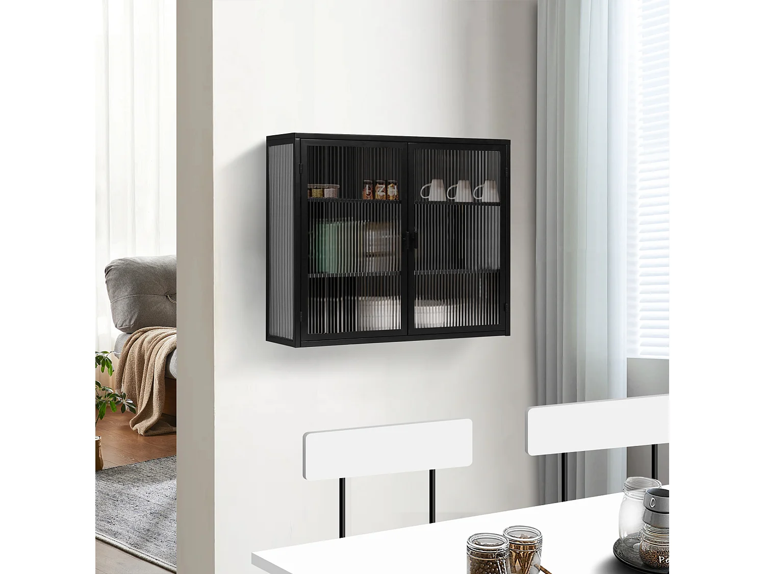 Vitrine Murale de Cuisine avec Portes en Verre, 3 Niveaux de Rangement, Salon ou Salle de Bain, Noir