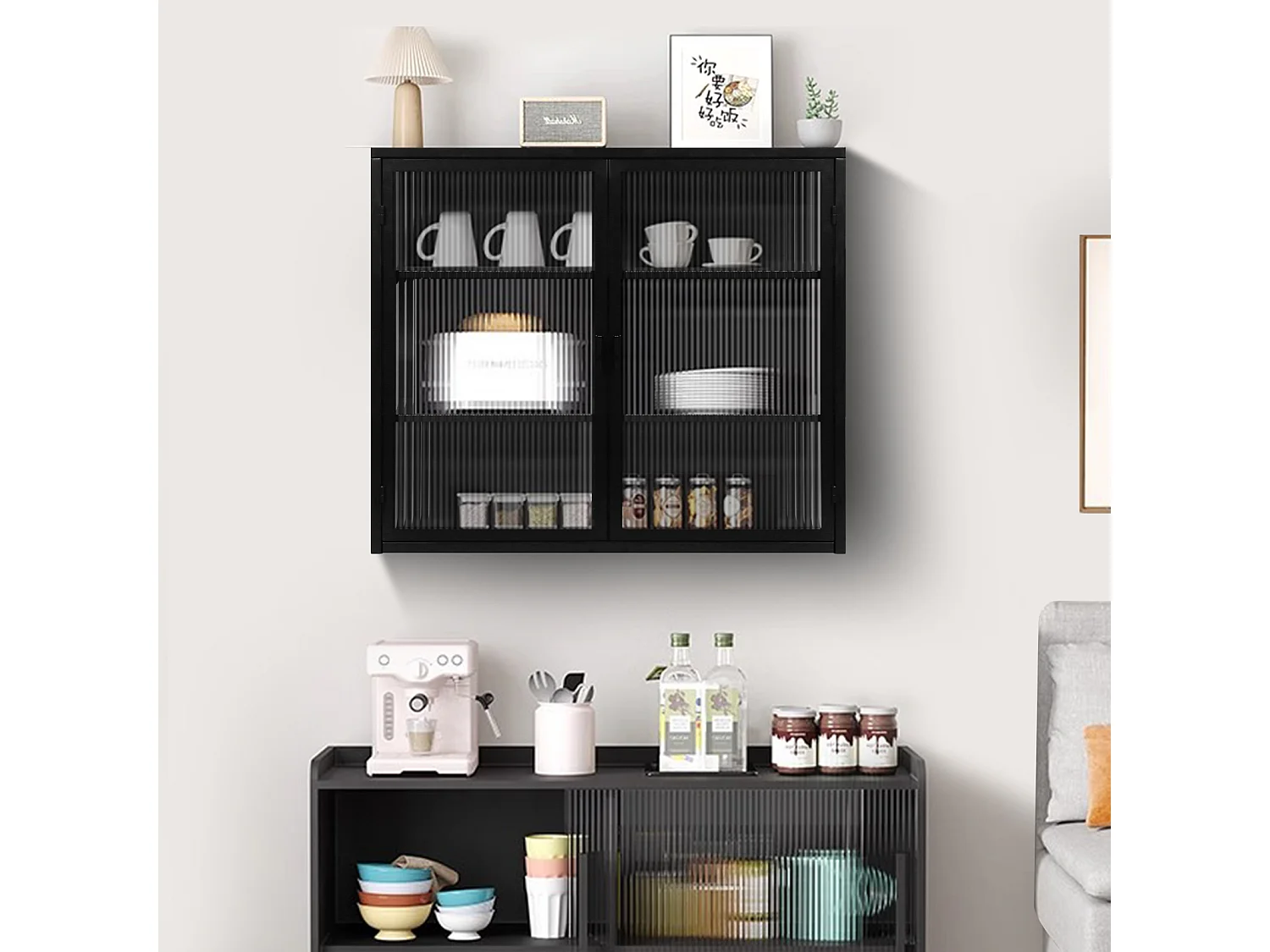Vitrina de pared para cocina con puertas de cristal, 3 niveles de almacenamiento, ideal para salón o baño, color negro