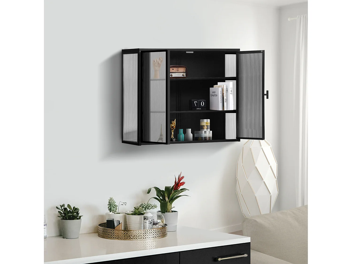 Vitrina de pared para cocina con puertas de cristal, 3 niveles de almacenamiento, ideal para salón o baño, color negro