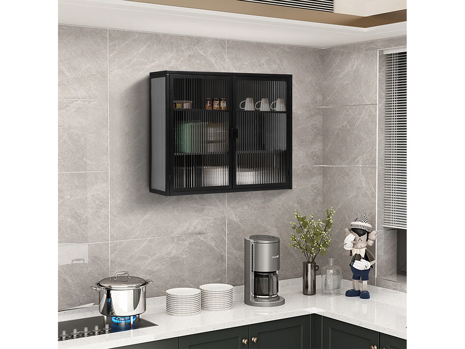 Vitrina de pared para cocina con puertas de cristal, 3 niveles de almacenamiento, ideal para salón o baño, color negro