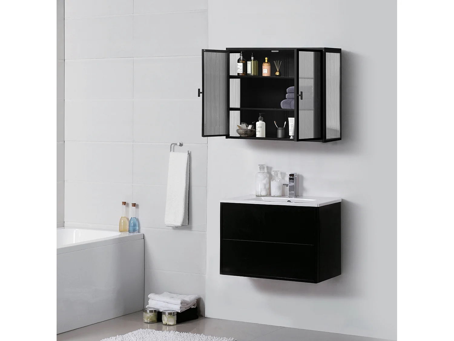 Vitrina de pared para cocina con puertas de cristal, 3 niveles de almacenamiento, ideal para salón o baño, color negro