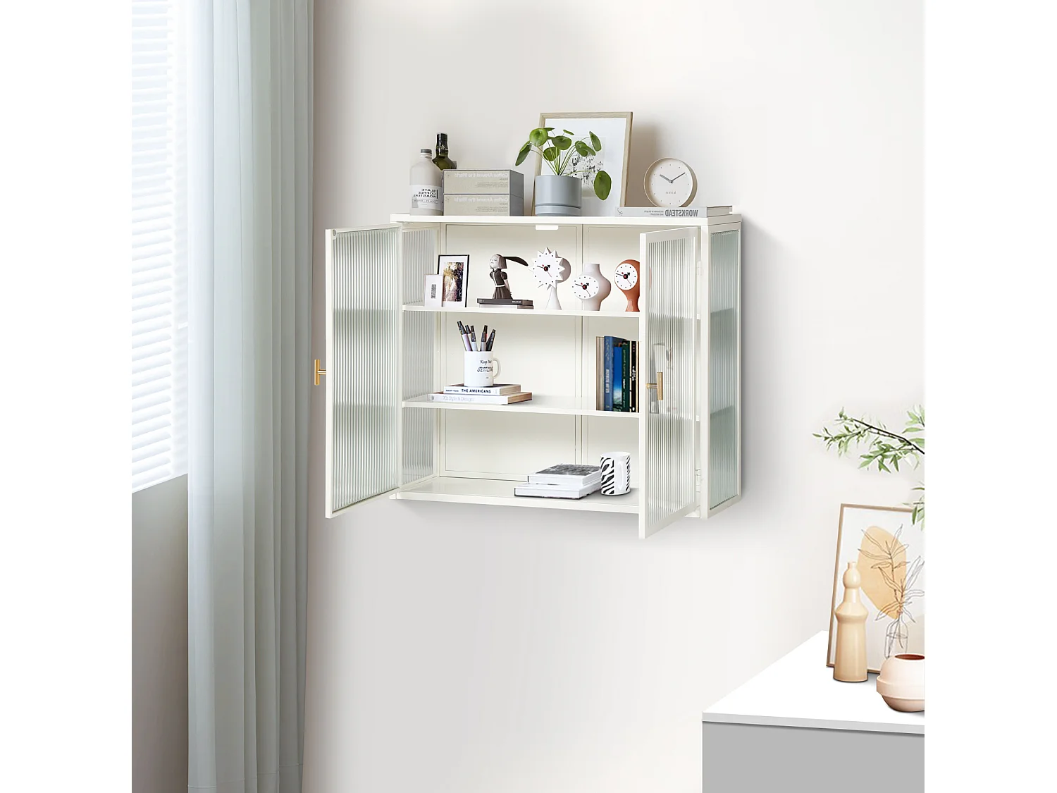 Vitrine Murale de Cuisine avec Portes en Verre, 3 Niveaux de Rangement, Salon ou Salle de Bain,Blanc