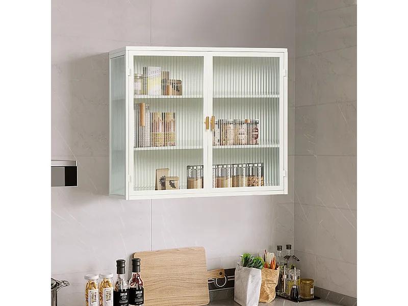 Vitrine Murale de Cuisine avec Portes en Verre, 3 Niveaux de Rangement, Salon ou Salle de Bain,Blanc